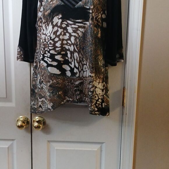 Libra multi print tunic black white tan  blouse Sz XL - Picture 2 of 9